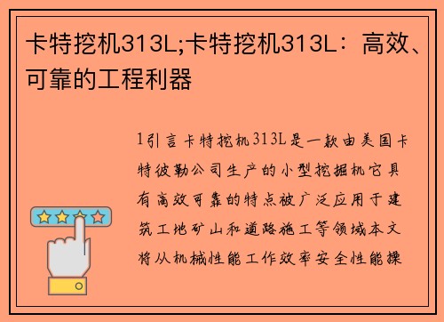 卡特挖机313L;卡特挖机313L：高效、可靠的工程利器